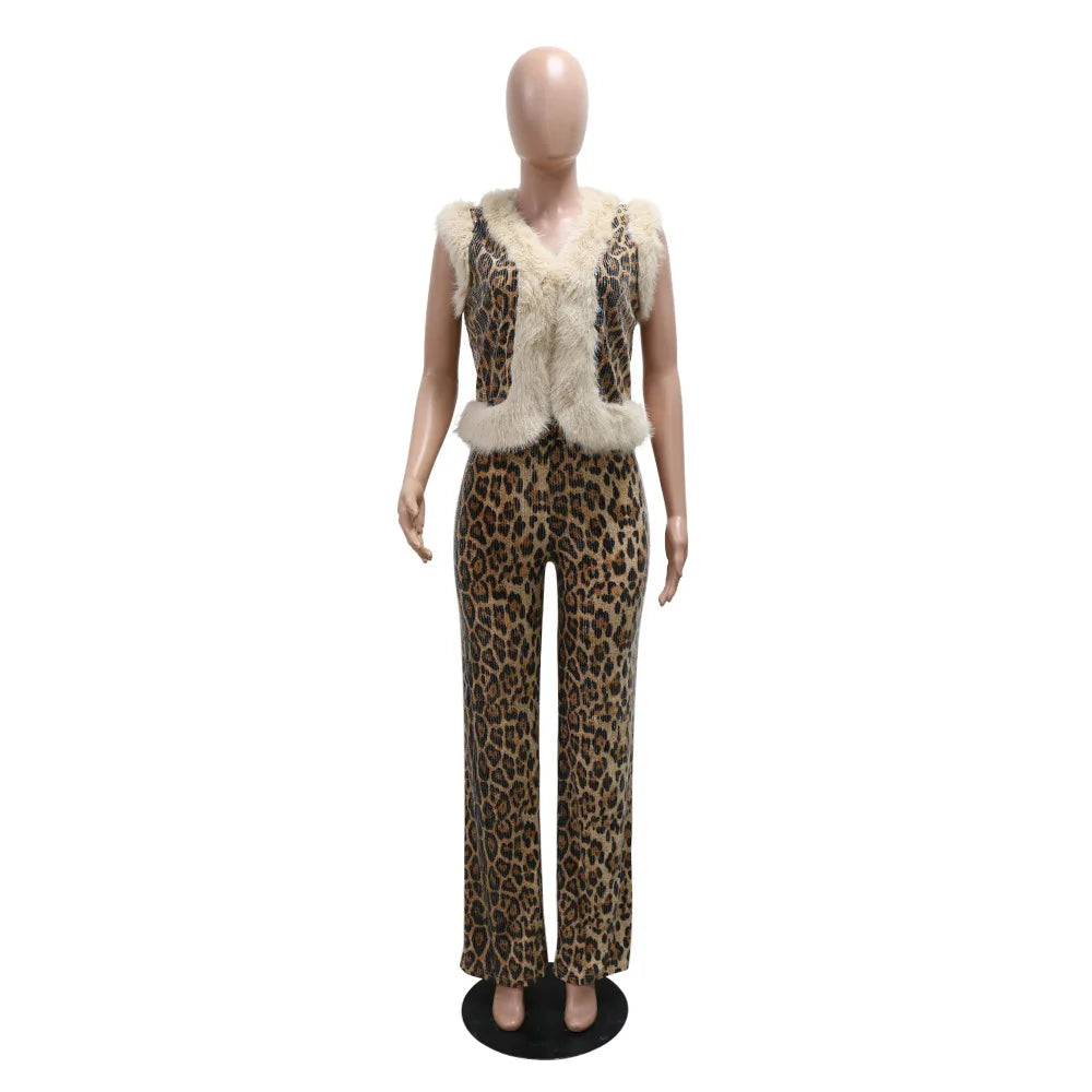 CM.YAYA Women's Set Sleeveless Fur Leopard Sequined V-neck Wool Vest and Pant Suits 2024 Street Two 2 Piece Set Outfit Tracksuit