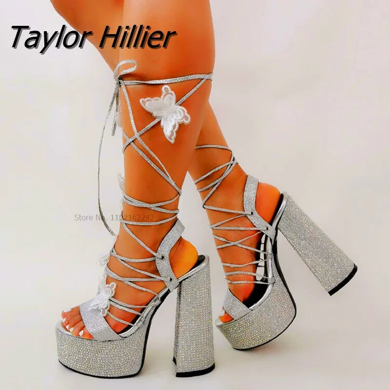 Platform Crystal Chunky Heels Sandals With Bow Cross-Strap Bling Elegant Glitter Silver Sandals Women Summer Butterfly Shoes