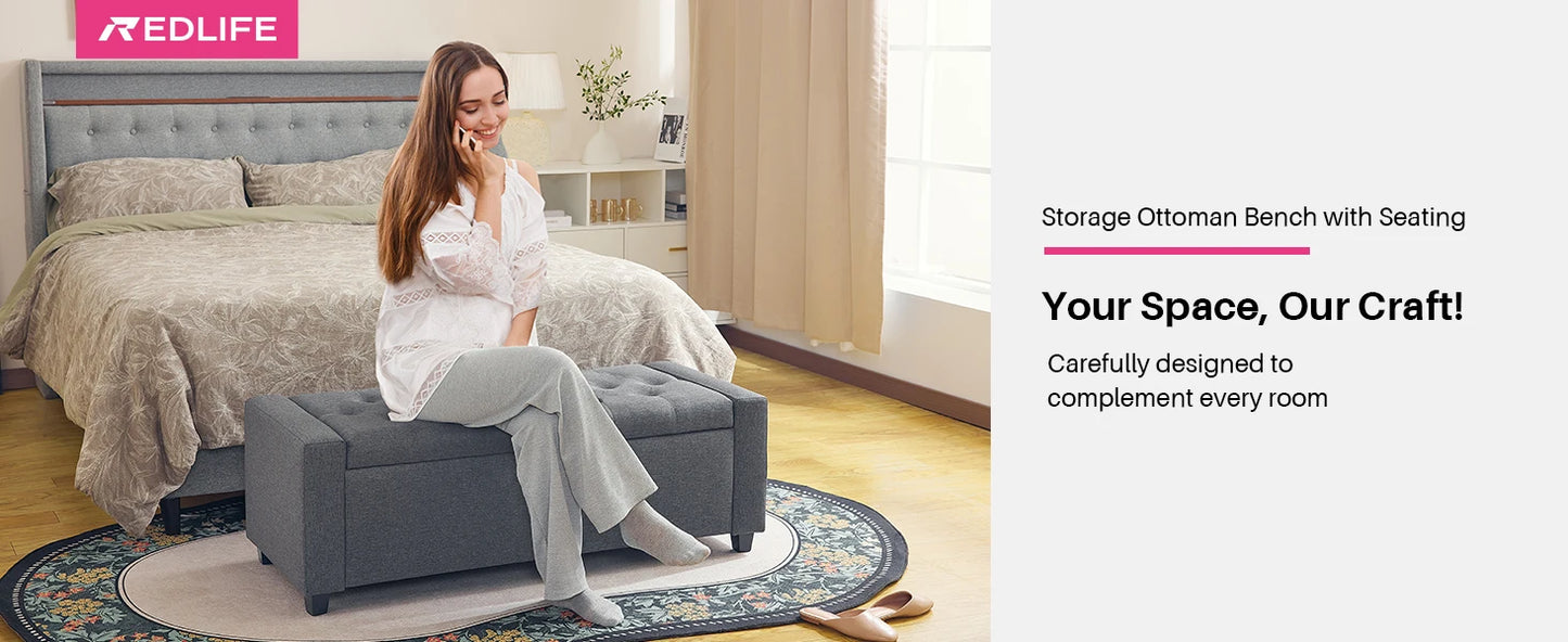 Redlife 47.8'' Storage Ottoman, Folding Storage Bench Footrest Stool w/ Flipping Lid Safe Hinge for Living Room Bedroom Entryway