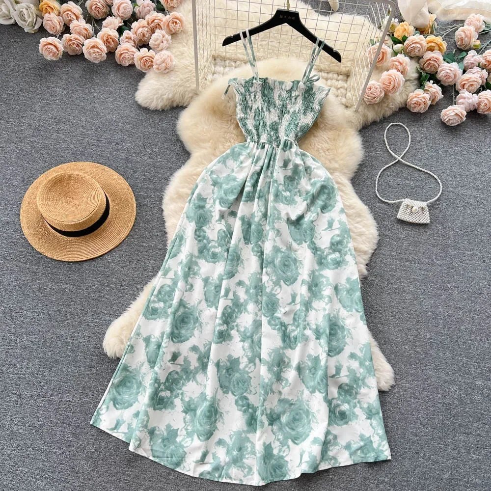 2024 New Summer Korean Fashion Rose Flower Print Romantic Retro Party Dress Elastic High Waist Vacation Long Dress Beach Vestido