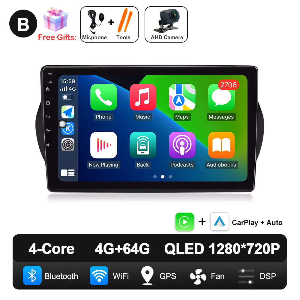 Android 14 For Fiat Fiorino Qubo Citroen Nemo Peugeot Bipper 2008 - 2017 Carplay Auto QLED Screen 4G Car Radio Multimedia Player