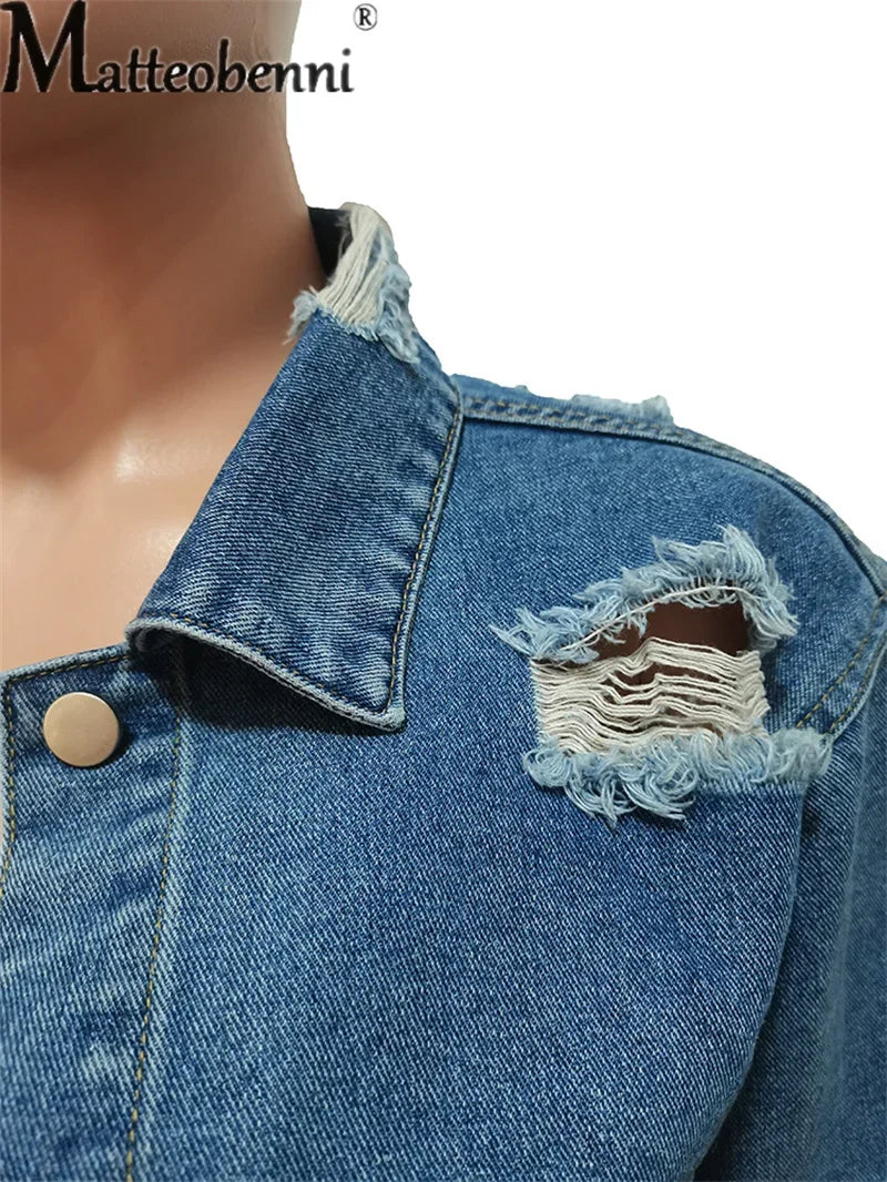 Fashion Broken Holes Long Sleeve Short Denim Jacket Ladies Trend Streetwear Casual Outerwear Women's Double Button Splicing Coat