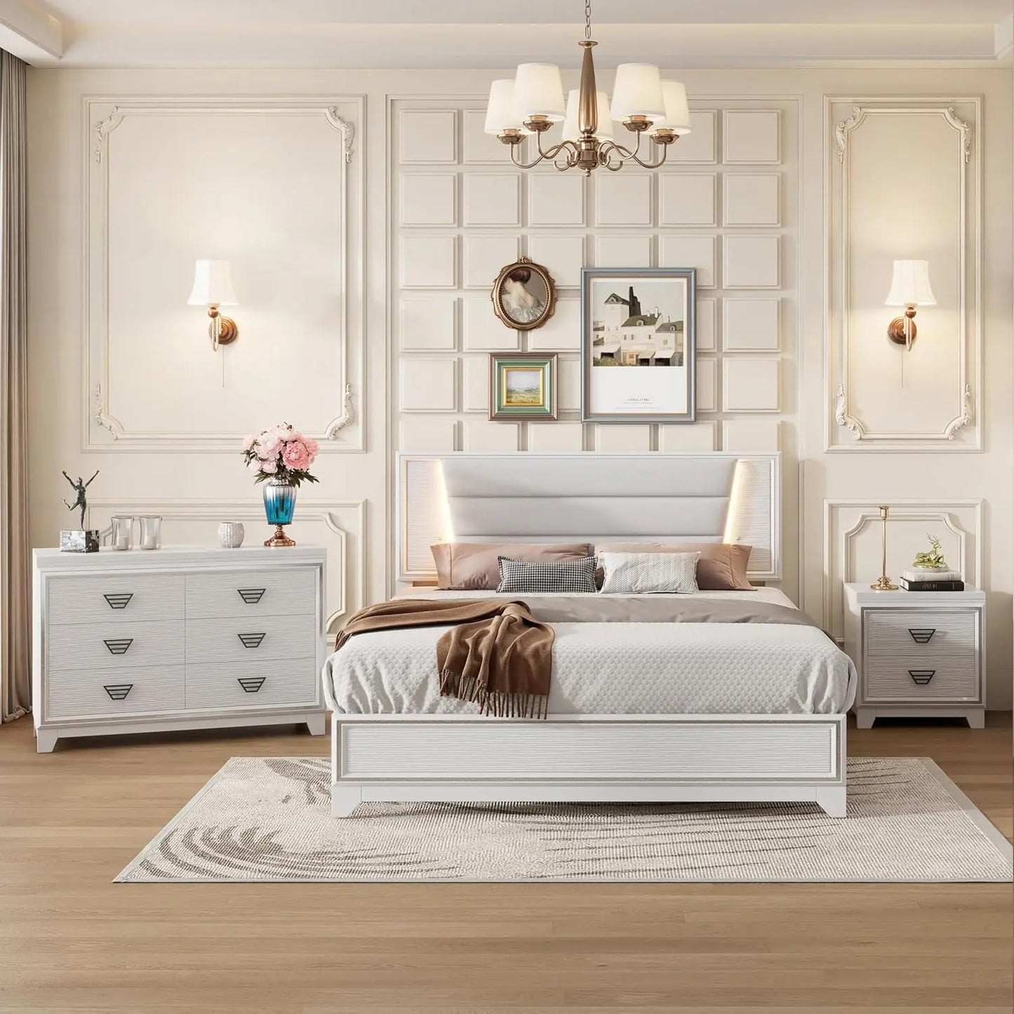 3 Pieces Bedroom Sets Queen Size Upholstered Bed with LED Lights, Nightstands, 3 Piece Wood Bedroom Furniture Set, White