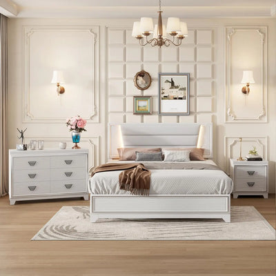 3 Pieces Bedroom Sets Queen Size Upholstered Bed with LED Lights, Nightstands, 3 Piece Wood Bedroom Furniture Set, White