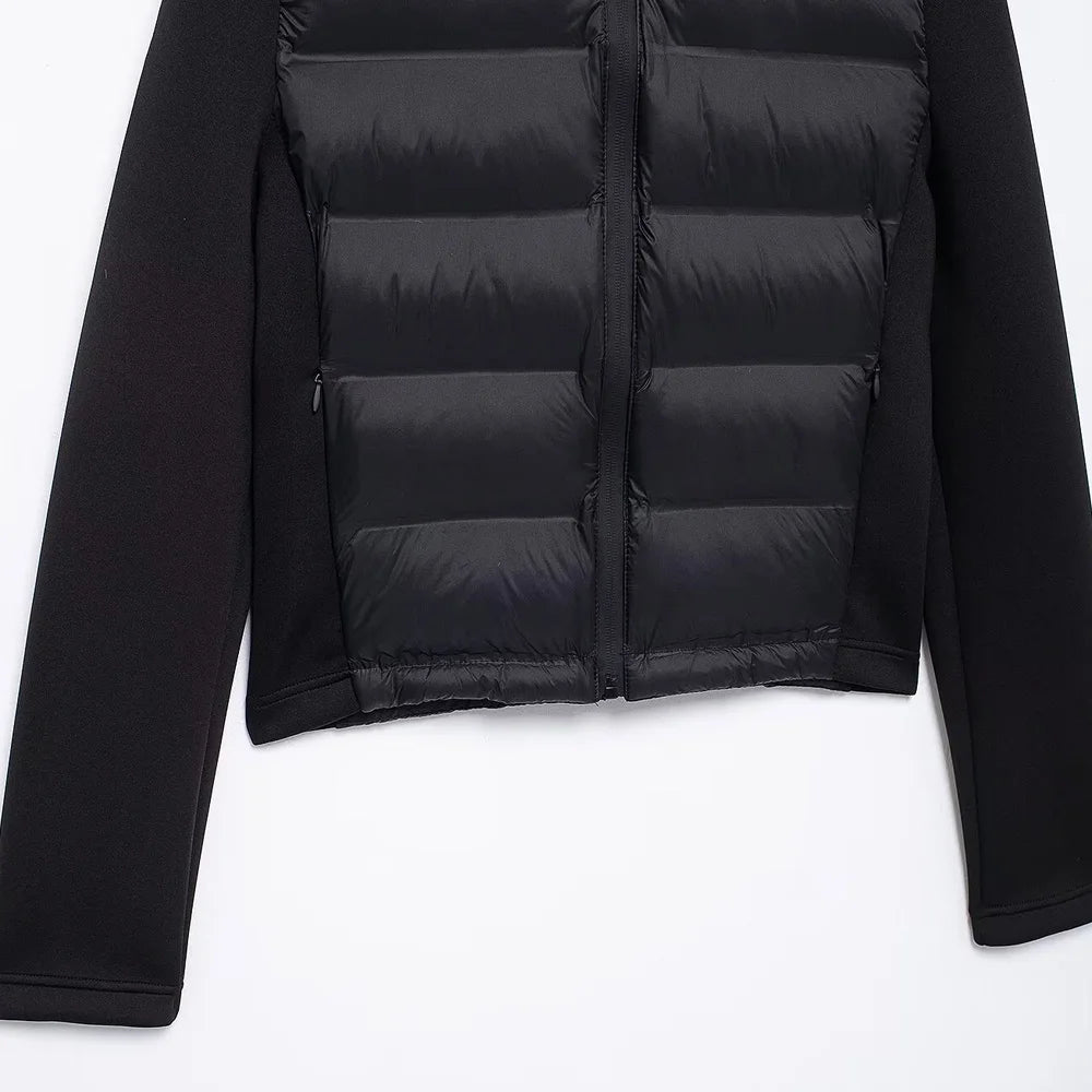 Hooded Patchwork Padded Jacket Coat with Pockets for Women, Long Sleeve, Front Zipper, Female Outerwear, Chic Tops, Fashion