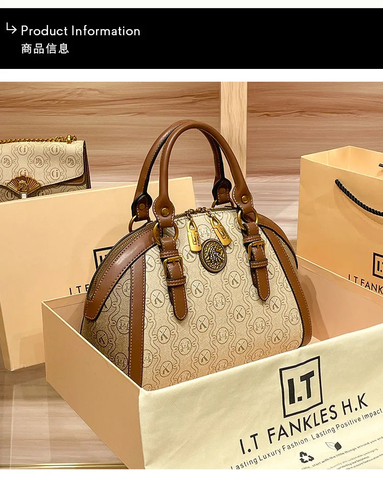 Khaki Retro Leather Women's Handbag Fashion Geometric Floral Girls Shoulder Bag Hundred Splicing Color Collision Girls Crossbody