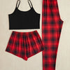 3Pcs Women's Pajama Set Camisole Shorts Trousers Three-Piece Bow Tie Home Wear Set Plaid Print Sleepwear for Women Christmas pjs