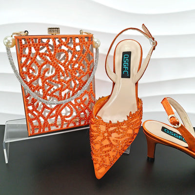 QSGFC Stylish And Beautiful Orange Coral-like Hollow With The Same Color Small Rhinestone Decoration Party Ladies Shoes And Bag