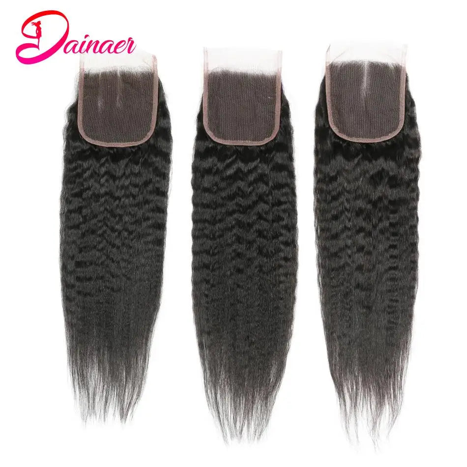 Kinky Straight Human Hair 3 Bundles With Closure Yaki Straight Hair Bundles With 4x4 Closure Human Hair Bundles With Closure