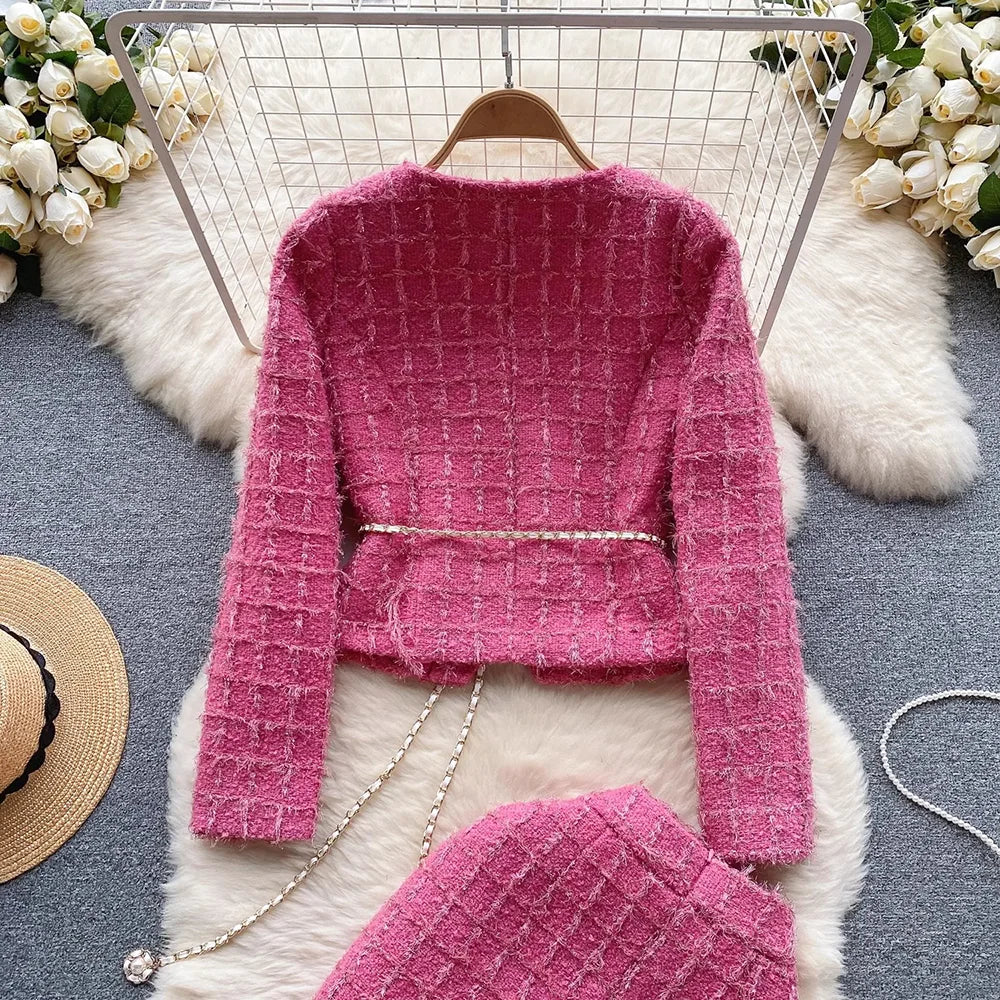 Modphy Autumn Fashion Rose Red Woolen Two Piece Set Women Golden Button Chain Belt Tweed Short Jacket Coat+Split Midi Skirt Suit