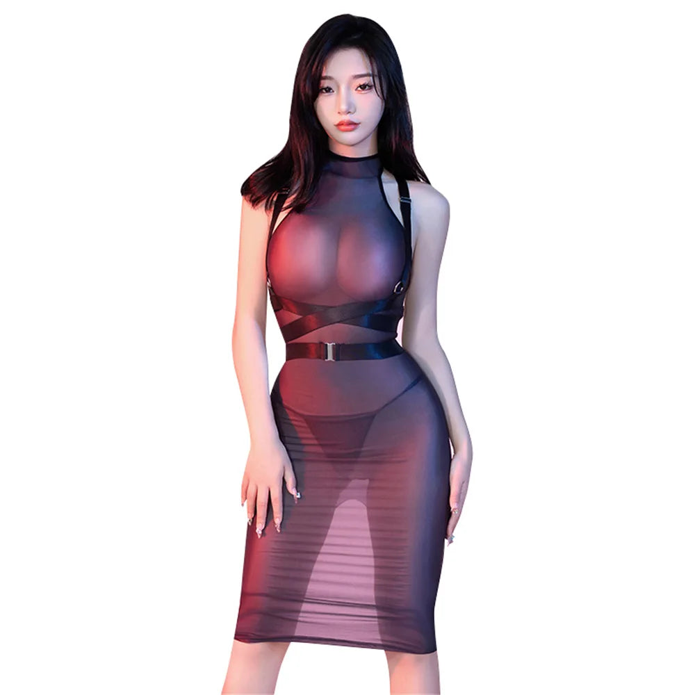Sexy Women Sheer See Through Micro Mini Dress Oil Shiny Bandage Tight Packet Hip Step Dress Cosplay Maid Pencil Dress