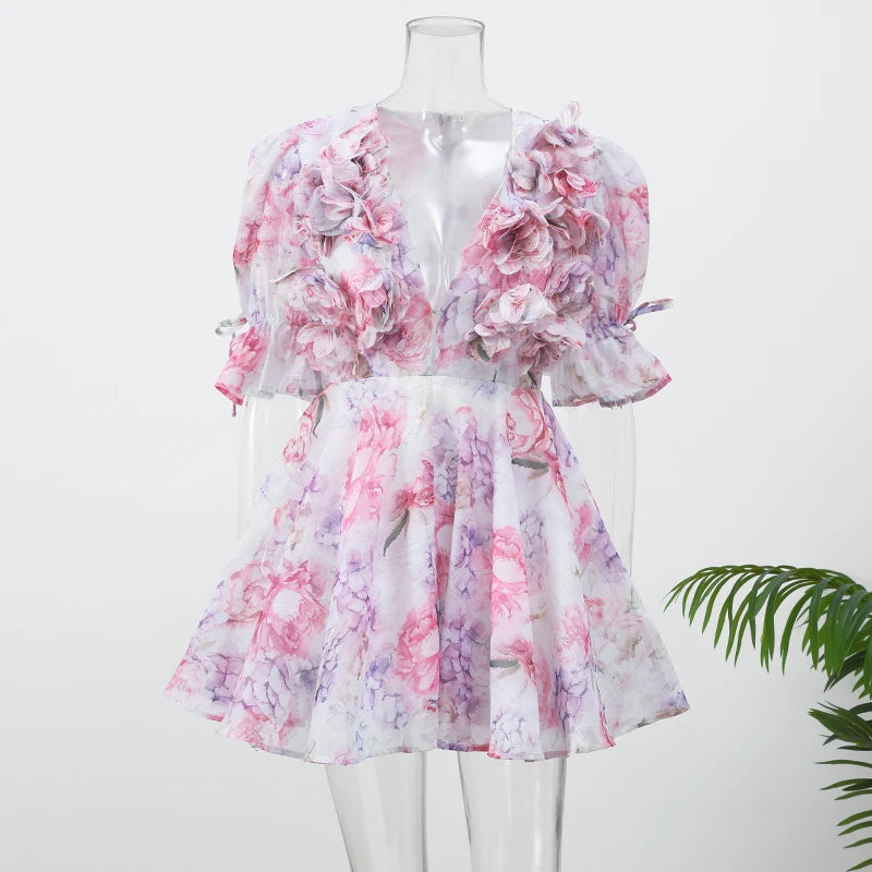 Women Tie-dye 3d Flower Deep V Neck Flare Sleeve Mini Dresses Fashion Slim Printed Multiple Pleat Vestidos New Lady Holiday Wear
