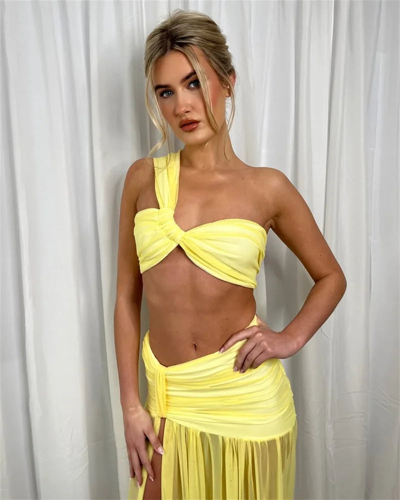 Mozision Summer Sexy Skirt Two Piece Sets Women One Shoulder Crop Top And Maxi Skirt Female Elegant Beach Club Party 2 Piece Set