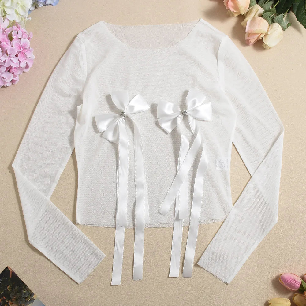 CM.YAYA Women's Set Bow O-Neck Mesh Long Sleeve Tops + Velvet Shorts Suits Streetwear Sexy Two 2 Piece Outfits Tracksuits Summer