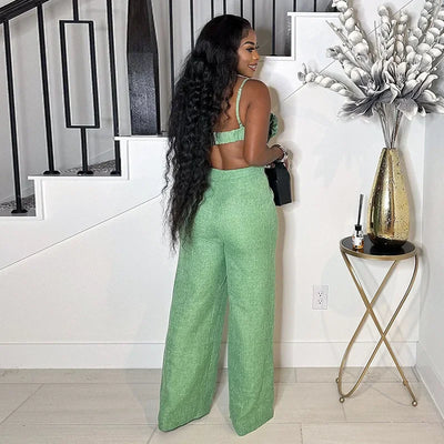 Women's Set Sleeveless 3D Flower Crop Bra Top+Wide Leg Pants Elegant beach holiday Two 2 Piece Set Outfits