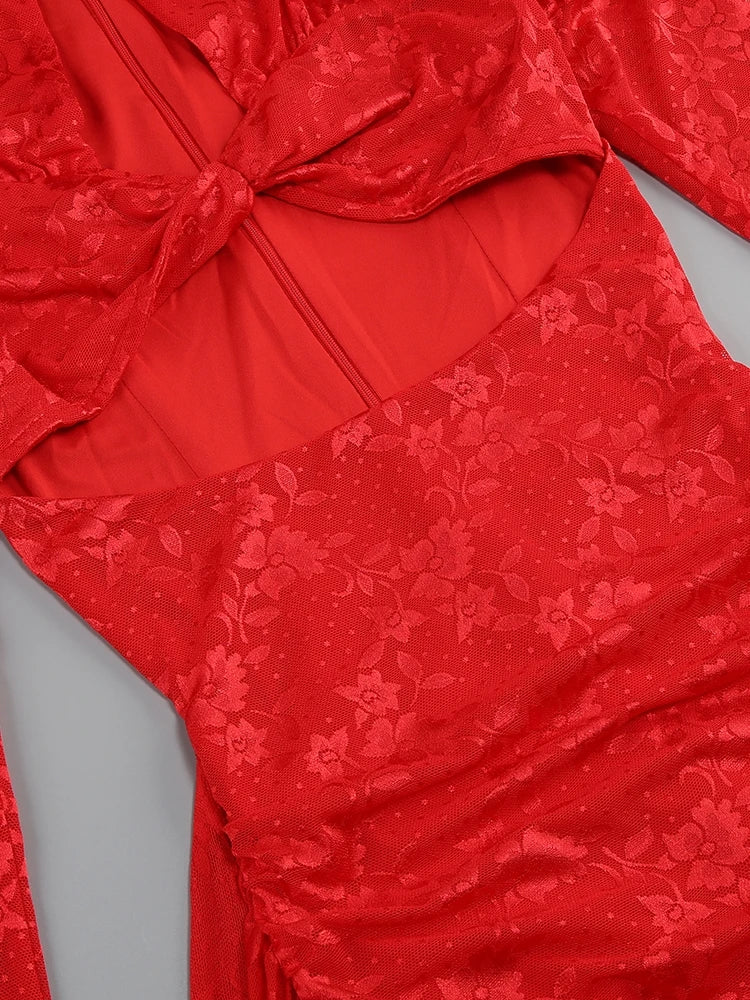 New Sexy Gloves Long Sleeves Cutout Pleated Draped Mini Dress Women Red/White Lace Floral Bodycon Dresses Party Cocktail Club
