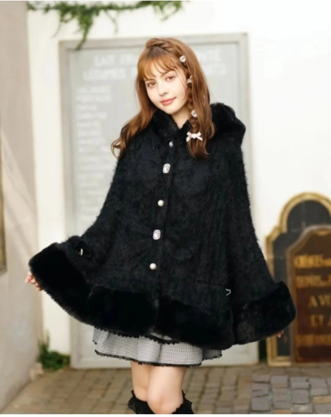 Japanese Liz Sweet Princess Faux Rabbit Fur Cape Coat Women Autumn Winter Fur Jacket Loose Clock Rhinestone Bow Hooded Coat