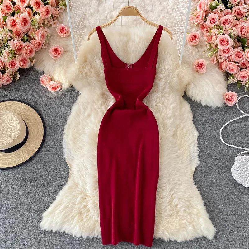 Zipple  2023 Sexy Summer Knit Strap Dress Women Tank Elatic Waist Bodycon Sundress Female Beach Split Backless Midi Dress