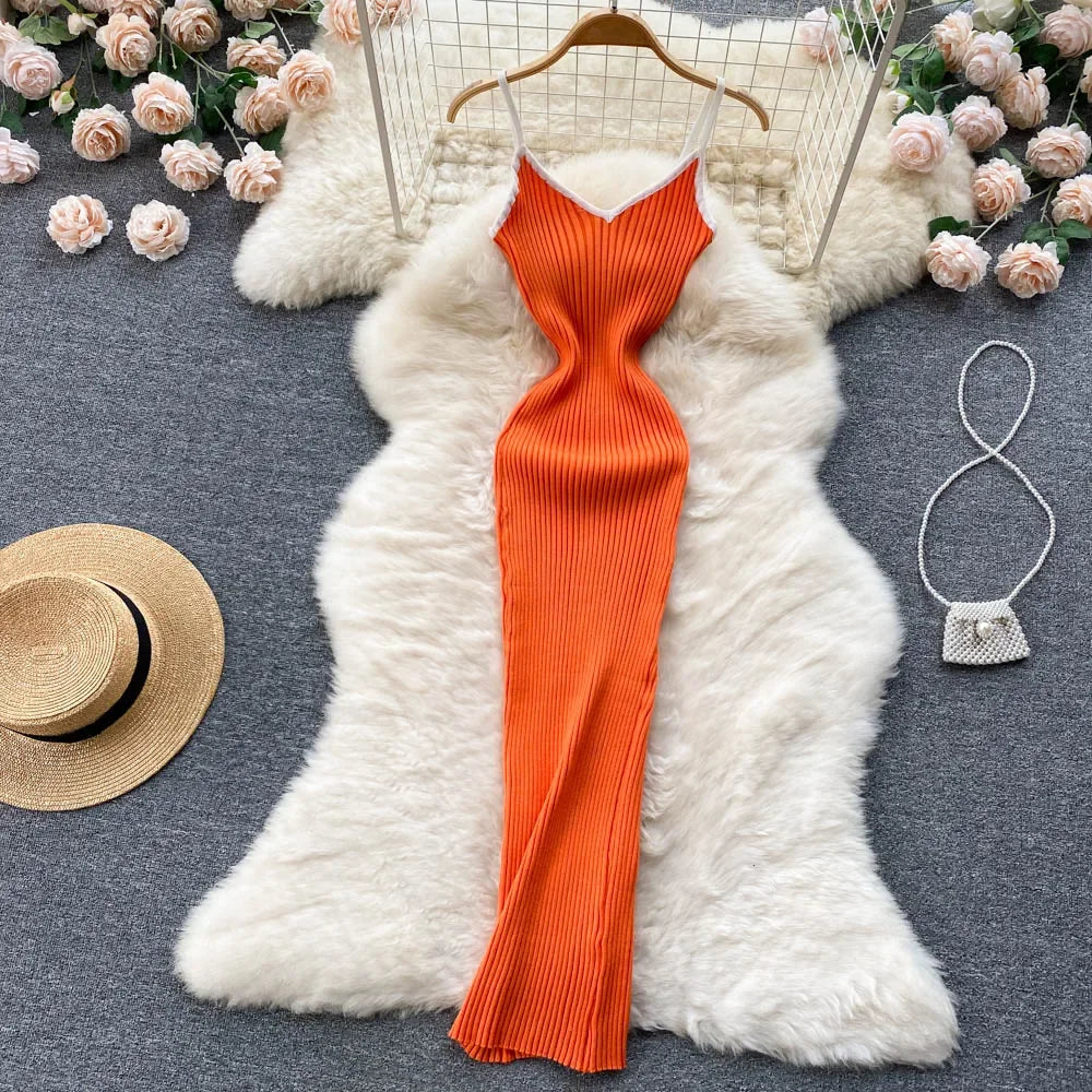 Summer V Neck Knit Sexy Strap Dress Women Elatic Waist Bodycon Sundress Female Beach Backless Maxi Long Dress