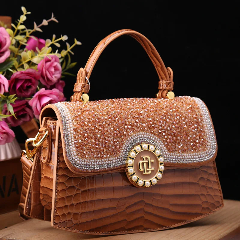 Fashion Diamonds Women Handbags 2023 Red Genuine Leather Lady Shoulder Messenger Bag Crocodile Pattern Portable Shell Tote Bags