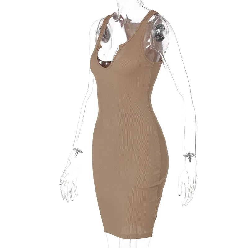 Sexy Deep U Neck Wrap Chest Slim Bodycon Dress Women Sleeveless Solid Color Skinny Dress Elegant Club Party Vestidos