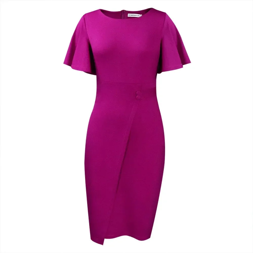 Dress Women Mid Length Dresses Green Slim Ruffles Bodycon Round Neck Short Sleeve Sexy Elegant Party High Waist Vestidos