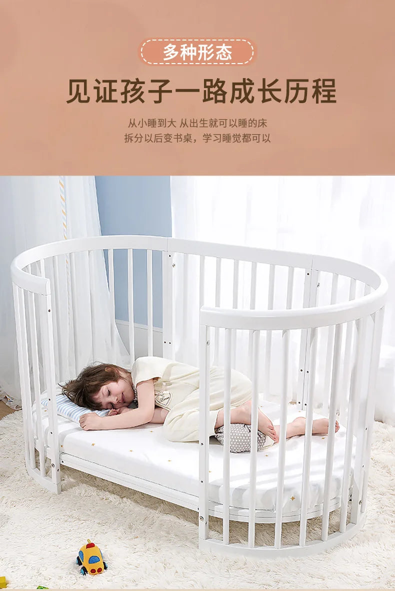 Oval crib Multifunctional pine children's bed European white newborn baby movable splicing bed