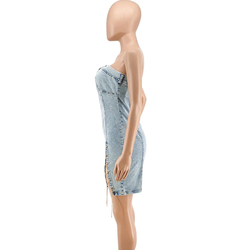 Rompers Women One Piece Elegant Splice Denim Jumpsuits Sexy Slim Fit Strapless Sleeveless Short Pants Sheath Playsuits