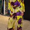 Casual Sets for Women 2 pieces Summer Fashion Printed Satin Two Piece Sets Women Sexy Round Neck Top+Wide Leg Long Pants Outfits