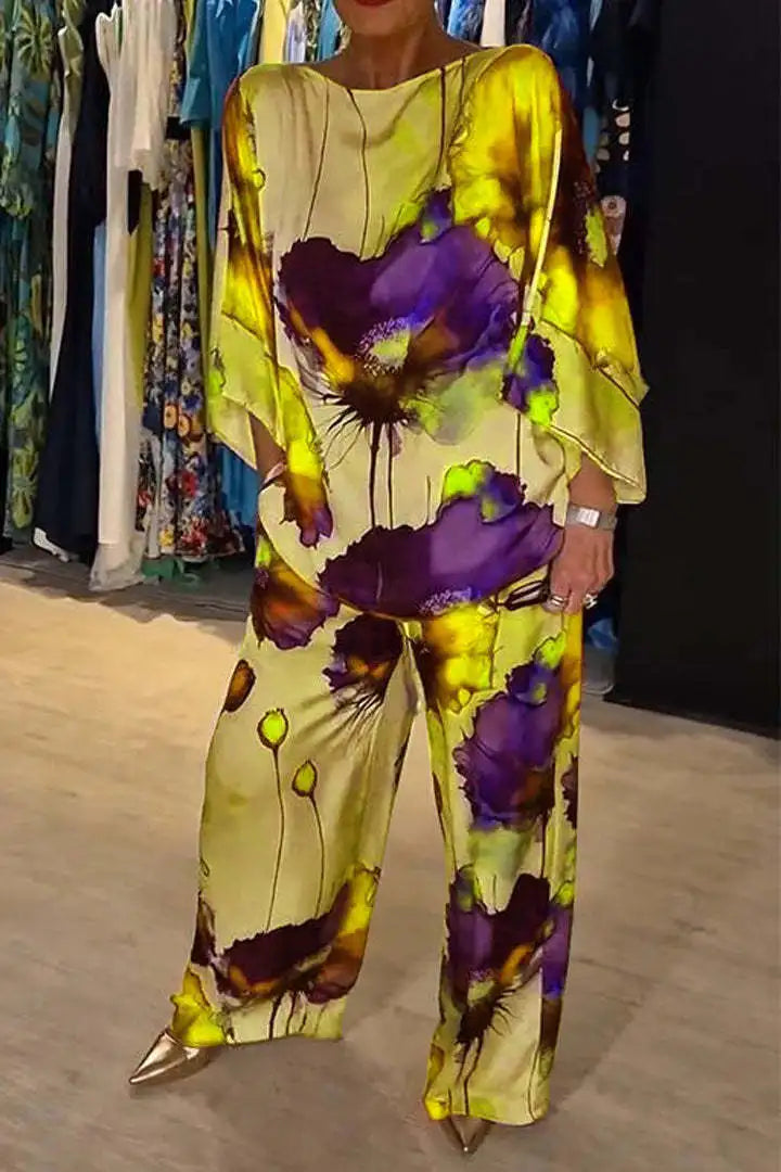 Casual Sets for Women 2 pieces Summer Fashion Printed Satin Two Piece Sets Women Sexy Round Neck Top+Wide Leg Long Pants Outfits