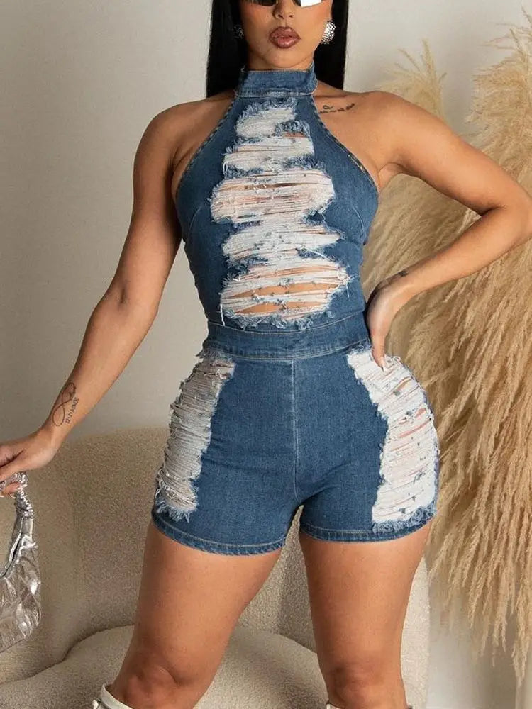 Cross border women's clothing new product from Europe and America, slim fit backless wash denim