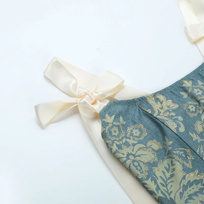 European and American fashion suspender embroidery printing bow waist vest female ins niche spice girl wind Joker slim top