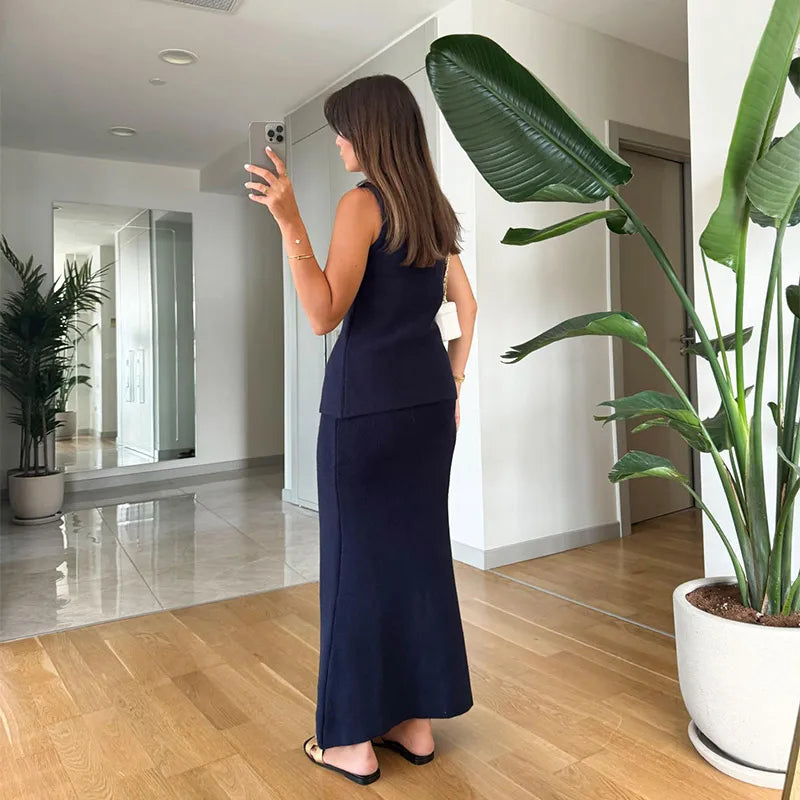 Elegant Knit Vest Suits Women Solid Single Breasted O-neck Sleeveless Slim Waistcoat Bodycon Midi Skirts 2025 Spring Lady Outfit