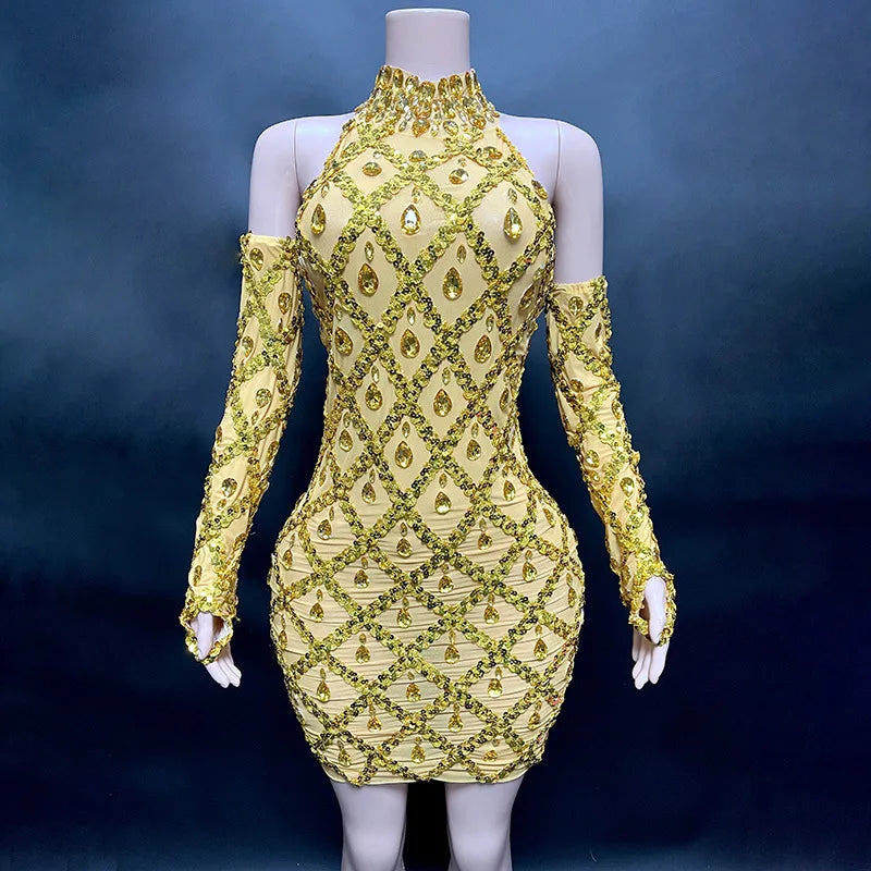 High Quality Sparkling Rainestone Sexy Bodycon Mini Dress Birthday Celebrate Evening Party Dress