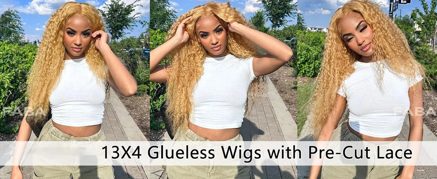 FABA Glueless Wigs Human Hair #27 Color Honey Blonde Deep Wave Human Hair Wig 13x4 Lace Frontal Wigs with Baby Hair 180% Density