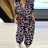 Summer Fashion V-Neck Button Lace-Up Jumpsuit Short Sleeve Loose Playsuit Overalls Women Elegant Leopard Print Pocket Rompers