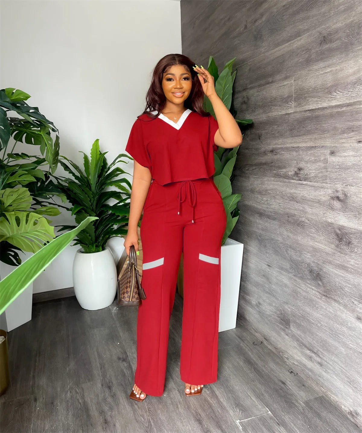 Elegant Women's Casual Short Sleeve T-shirt Sports Suit Summer Fashion Solid V Neck Short Top & Straight Pants Two Piece Sets