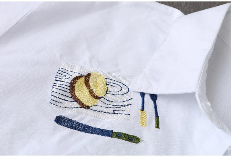 Women Cotton Embroidery Loose Long White Shirts 2025 Spring Autumn New Casual Office Lady Blouse Female Top Loose shirt
