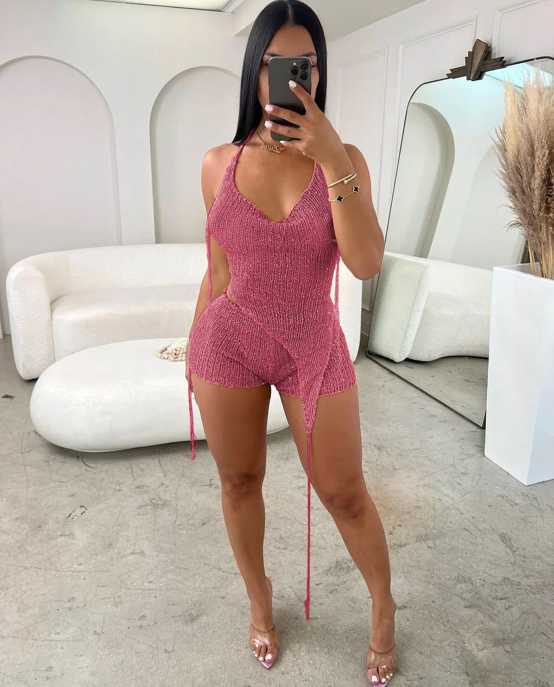 Joskaa Sequins Knit Beach 3 Piece Sets Women Sexy Backless Halter Irregular Top+Head Scarf+Shorts Matching Set Vacation Outfits