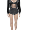 Beyprern Gorgeous Rhinestone Jacket Bra Top And Matching Shorts Set 3 Pieces Outfits For Women Sparkle Crystal Tracksuits Set