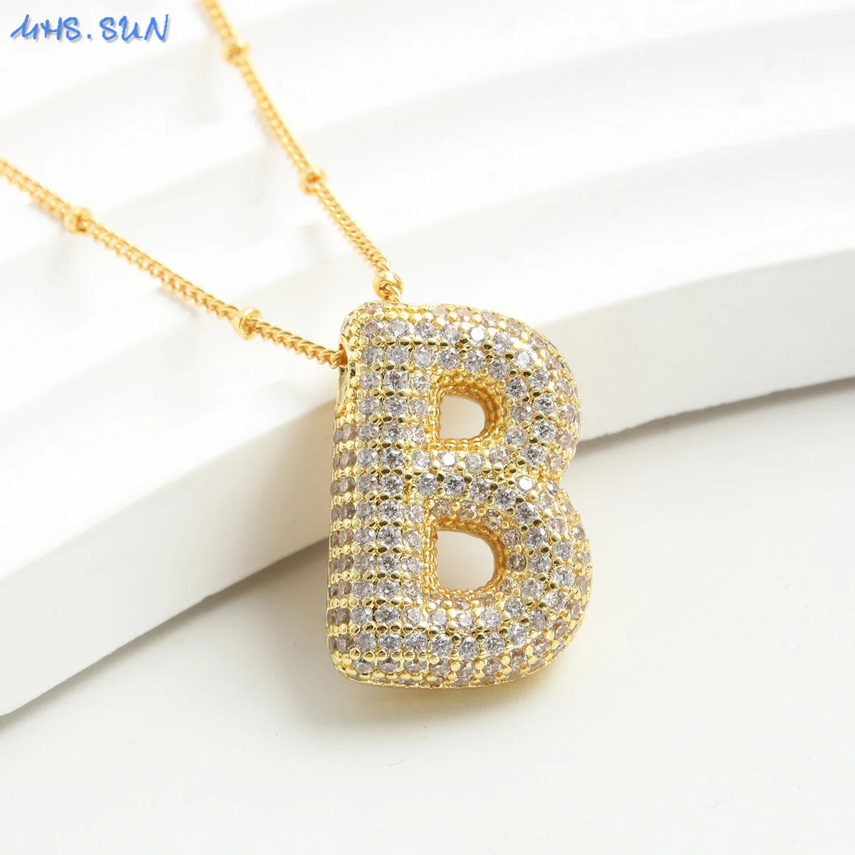 SUNSLL Cubic Zircon A-Z 26 Bubble Letter Necklace 2 Sizes Gold Plated M Chunky Balloon Initials Pendant Women Chain Jewelry 2024