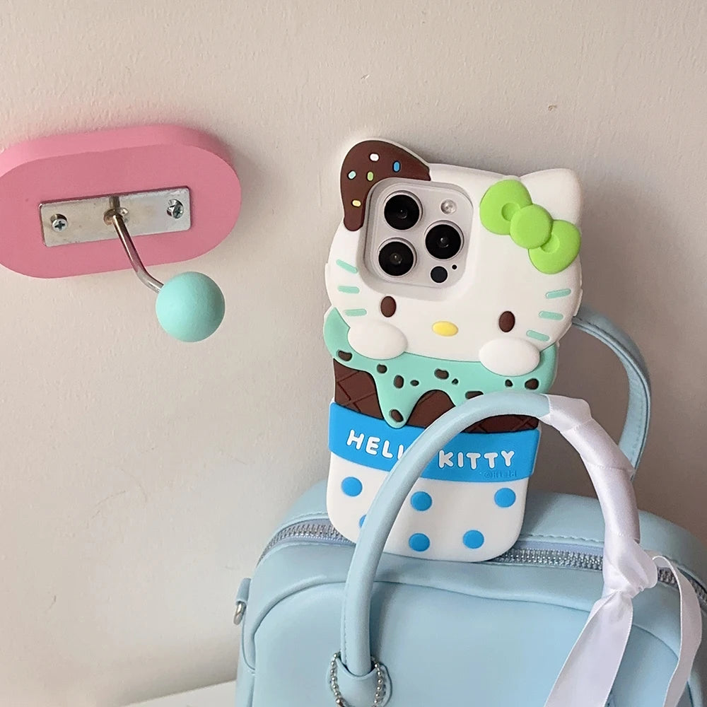 Cute 3D Ice Cream Sanrios Hello Kitty Phone Case for IPhone 15 14 13 12 11 Pro Max Drop-resistant Soft Silicone Back Cover Gift