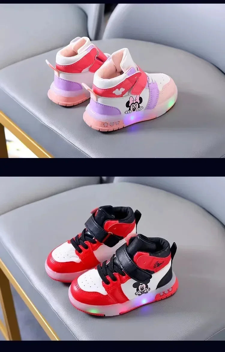 Disney Children's Sneakers Boys Girls Mickey Led Light Sport Shoes Student Shoes Hook Anti-slip Kids Outdoor Shoes Basket Shoes