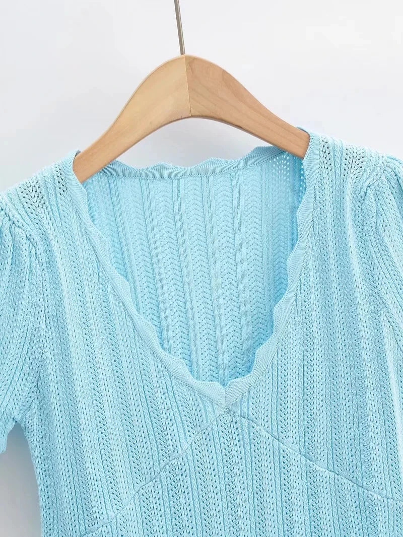 Women V Neck Knitted Crochet Tee With