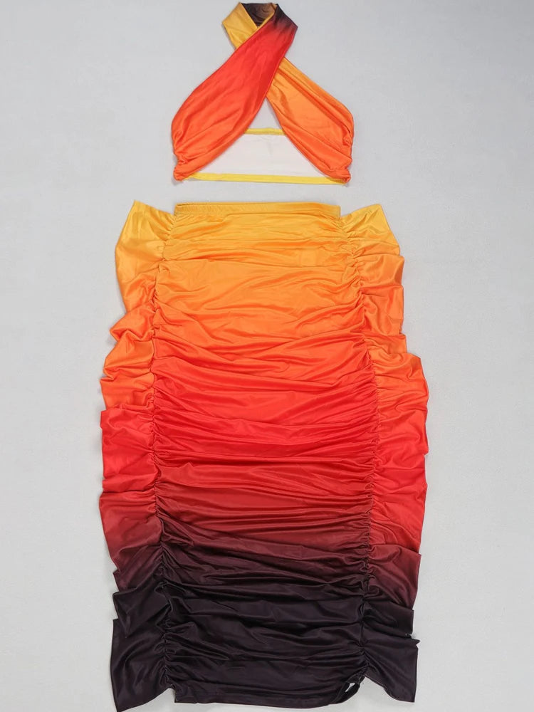 Beyprern Tropical Goddess Halter Neck Crop Top And Maxi Skirt Set Summer Women's Tie Dye Ruched Two-Piece Dress Night Clubwear