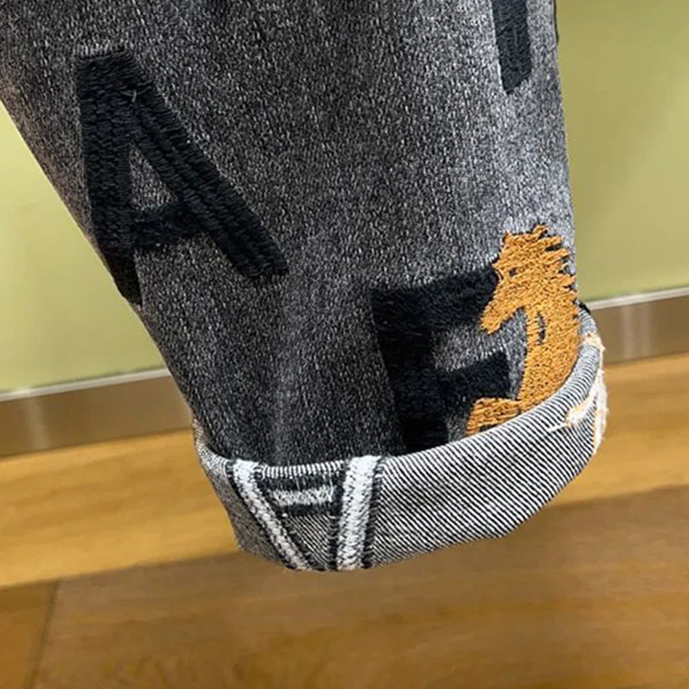 Mens Jeans Embroidered Leg Slimming Trousers Casual Streetwear Versatile Personalized Pencil Pants Men'S Wear 2024 Spring New