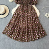 2024 New Summer Flower Print Long Dress Women Vintage Square Neck Ruched Chest Sash Bandage Sundress Party Vestidos