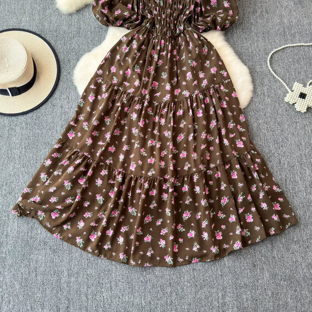 2024 New Summer Flower Print Long Dress Women Vintage Square Neck Ruched Chest Sash Bandage Sundress Party Vestidos