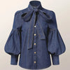 Gymystars New Trendy Imitation Denim Blouse Tops for Women Long Puff Sleeves Bow-Embellished High Neck Women's Autumn Shirts
