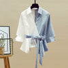 2025 Summer New Stitched Chiffon Shirt Female Set Elegant Women's Jeans Casual Blouse Two Piece Set Ladies Tracksuits